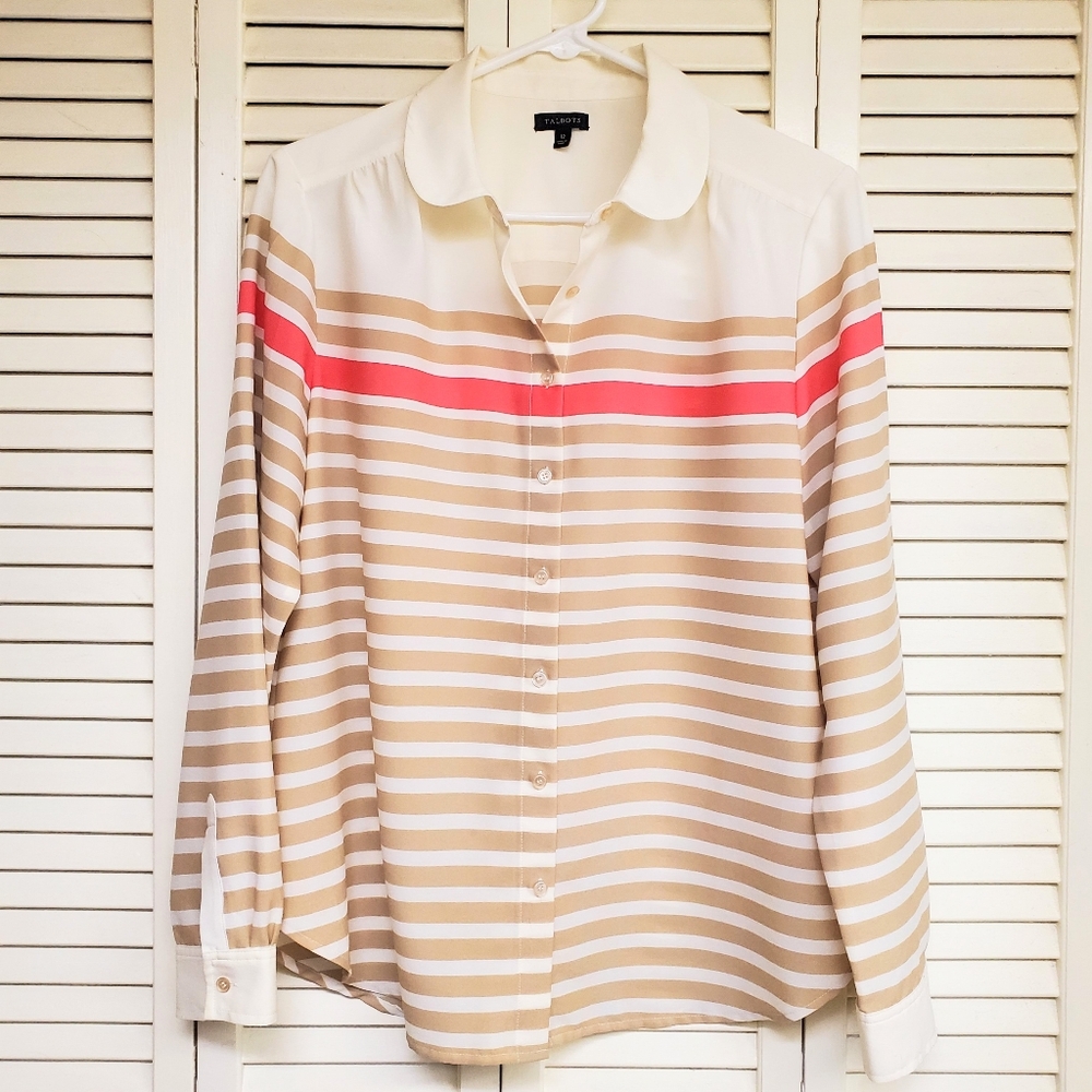 Talbots Women's Striped Button-Up Blouse - Pink and Tan Size 12
